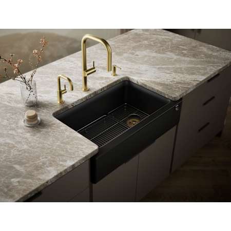 Kohler Cairn 34" Undermount Single-Bowl Farmhouse Neoroc Composite Kitchen Sink with Two-Piece Sink Rack and Towel Hook Matte Black