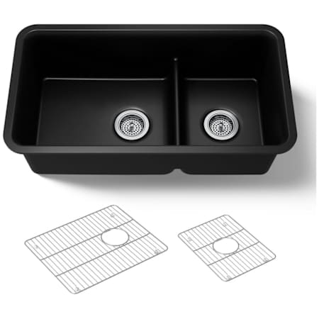 Kohler Cairn Smart Divide 33-1/2" Undermount Double Bowl Neoroc Composite Kitchen Sink with Two Basin Rack Matte Black