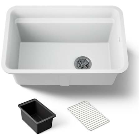 Kohler Cairn 27-1/2" Undermount Single Bowl Neoroc Granite Composite Utility Sink with Wash Bin and Utility Rack Matte White