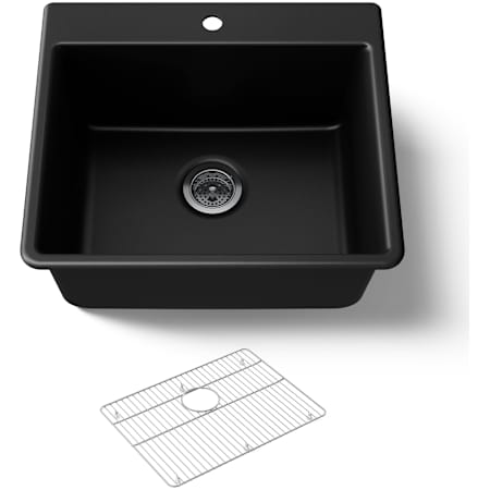 Kohler Kennon 25" Top or Undermount Single Bowl Neoroc Composite Kitchen Sink with Bottom Sink Rack Matte Black