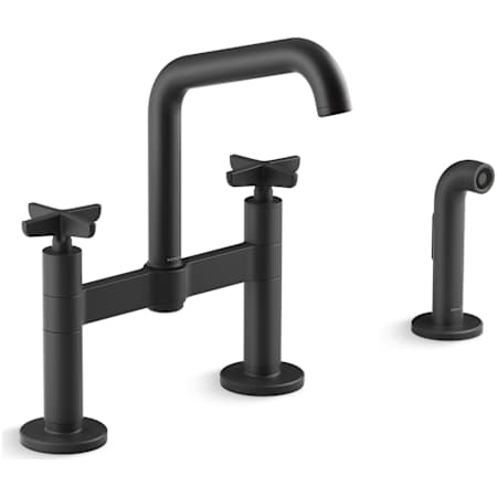 Kohler Billet 1.5 GPM Widespread Bridge Kitchen Faucet - Includes Side Spray and Dual Cross Handles Matte Black