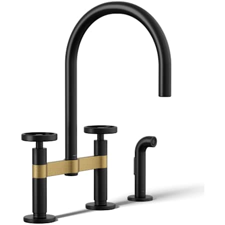 Kohler Billet 1.5 GPM Widespread Bridge Kitchen Faucet - Includes Side Spray and Dual Wheel Handles Matte Black with Brushed Moderne Brass