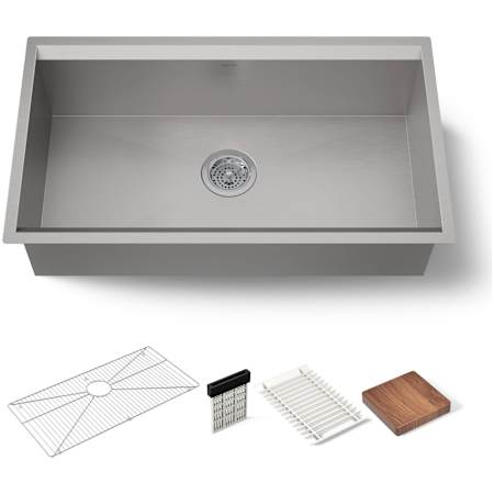 Kohler Tempered 32-1/4" Undermount Single Basin Stainless Steel Workstation Kitchen Sink with Walnut Cutting Board, Knife Holder, Drying Rack, and Bottom Sink Rack Stainless Steel