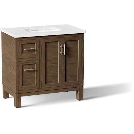 Kohler Quo 36" Free Standing Single Basin Vanity Set with Cabinet and Quartz Vanity Top Draper Oak