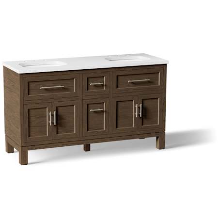 Kohler Quo 60" Free Standing Double Basin Vanity Set with Cabinet and Quartz Vanity Top Draper Oak