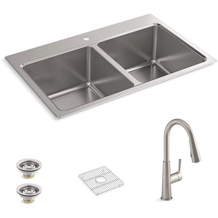 Kohler Prologue 33" Undermount Double Basin Stainless Steel Kitchen Sink with Single Hole 1.5 GPM Kitchen Faucet - Includes Basin Rack and Basket Strainer Stainless Steel