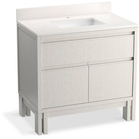 Kohler Solive 36" Free Standing Single Basin Vanity Set with Cabinet, Quartz Vanity Top and Backsplash Gossamer White