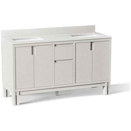Kohler Solive 60" Free Standing Double Basin Vanity Set with Cabinet, Quartz Vanity Top and Backsplash Gossamer White