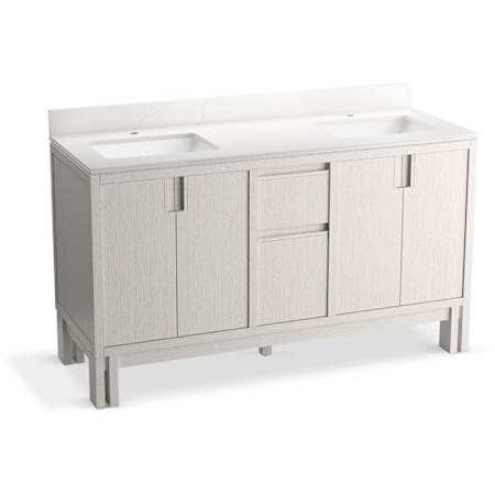 Kohler Solive 60" Free Standing Double Basin Vanity Set with Cabinet, Quartz Vanity Top and Backsplash Gossamer White