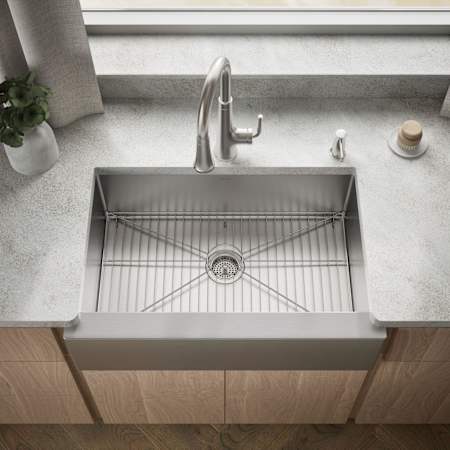 Kohler Strive 32-1/2" Farmhouse Single Basin Stainless Steel Kitchen Sink with Basin Rack Stainless Steel