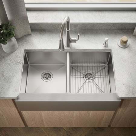 Kohler Strive 35-1/2" Farmhouse Double Basin Stainless Steel Kitchen Sink with Basin Rack Stainless Steel