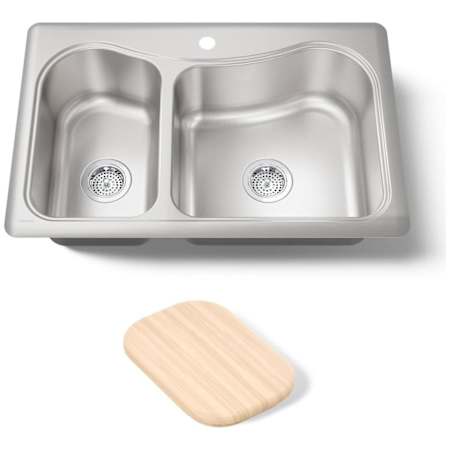 Kohler Staccato 33" Double Basin Drop In 18-Gauge Stainless Steel Kitchen Sink with SilentShield, Cutting Board, and Single Faucet Hole Stainless Steel