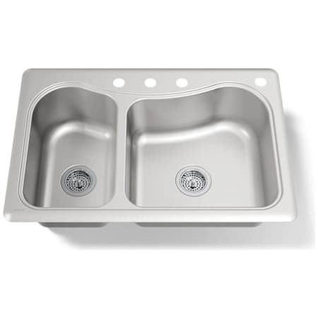 Kohler Staccato 33" Double Basin Drop In 18-Gauge Stainless Steel Kitchen Sink with SilentShield, Cutting Board, and Four Faucet Holes Stainless Steel