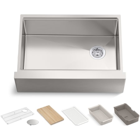 Kohler Strive 29-1/2" Farmhouse Single Basin Stainless Steel Kitchen Sink with Basket Strainer, Colander, Cutting Board and Drain Board Stainless Steel
