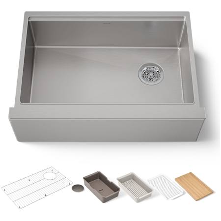 Kohler Strive 29-1/2" Farmhouse Single Basin Stainless Steel Kitchen Sink with Basket Strainer, Colander, Cutting Board and Drain Board Stainless Steel