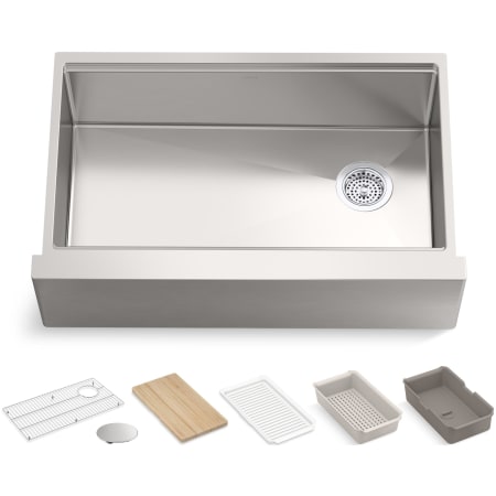 Kohler Strive 32-1/2" Farmhouse Single Basin Stainless Steel Kitchen Sink with Basket Strainer, Colander, Cutting Board and Drain Board Stainless Steel