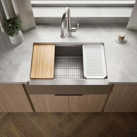 Kohler Strive 32-1/2" Farmhouse Single Basin Stainless Steel Kitchen Sink with Basket Strainer, Colander, Cutting Board and Drain Board Stainless Steel