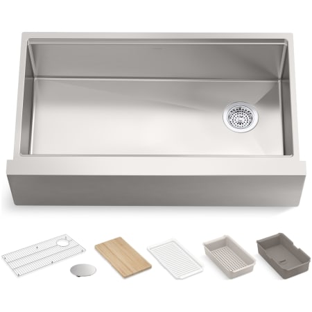 Kohler Strive 35-1/2" Farmhouse Single Basin Stainless Steel Kitchen Sink with Basket Strainer, Colander, Cutting Board and Drain Board Stainless Steel