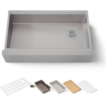 Kohler Strive 35-1/2" Farmhouse Single Basin Stainless Steel Kitchen Sink with Colander, Cutting Board, Basin Rack and Drain Board Stainless Steel