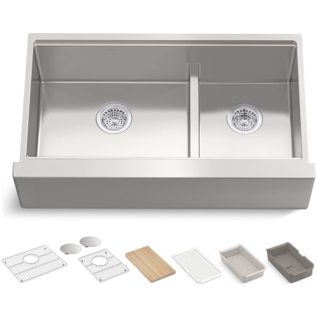 Kohler Strive 35-1/2" Farmhouse Double Basin Stainless Steel Kitchen Sink with Basket Strainer, Colander, Cutting Board and Drain Board Stainless Steel