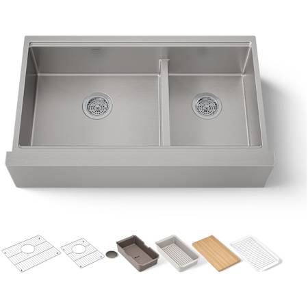 Kohler Strive 35-1/2" Farmhouse Smart Divide Double Basin Stainless Steel Kitchen Sink with Colander, Cutting Board, Drain Board, and Basin Rack Stainless Steel