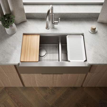Kohler Strive 35-1/2" Farmhouse Smart Divide Double Basin Stainless Steel Kitchen Sink with Colander, Cutting Board, Drain Board, and Basin Rack Stainless Steel