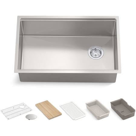 Kohler Strive 29" Undermount Single Basin Stainless Steel Kitchen Sink with Basket Strainer, Colander, Cutting Board and Drain Board Stainless Steel