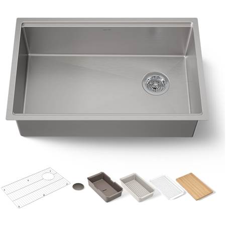 Kohler Strive 29" Undermount Single Basin Stainless Steel Kitchen Sink with Basket Strainer, Colander, Cutting Board and Drain Board Stainless Steel