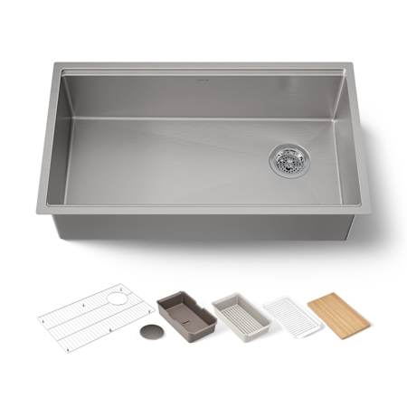 Kohler Strive 32" Undermount Single Basin Stainless Steel Workstation Kitchen Sink with Basin Rack, Colander / Drying Rack, Cutting Board, and Soaking Bin N/A