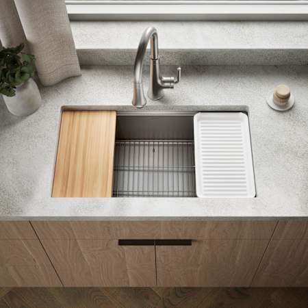 Kohler Strive 32" Undermount Single Basin Stainless Steel Workstation Kitchen Sink with Basin Rack, Colander / Drying Rack, Cutting Board, and Soaking Bin N/A