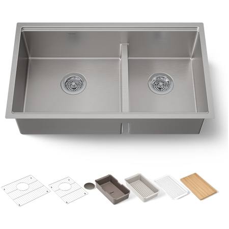 Kohler Strive 32" Undermount Double Basin Stainless Steel Kitchen Sink with Basket Strainer, Colander, Cutting Board and Drain Board Stainless Steel
