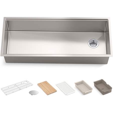 Kohler Strive 44" Undermount Single Basin Stainless Steel Kitchen Sink with Basket Strainer, Colander, Cutting Board and Drain Board Stainless Steel
