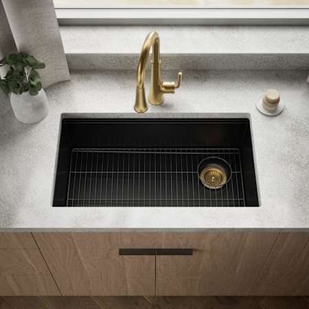 Kohler Billings 32-1/2" Undermount Single Basin Stone Composite Kitchen Sink with Basin Rack Matte Black
