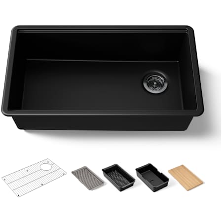 Kohler Billings 32-1/2" Undermount Single Basin Neoroc Composite Workstation Kitchen Sink with Basin Rack, Colander, Cutting Board, and Soaking Bin Matte Black