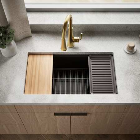 Kohler Billings 32-1/2" Undermount Single Basin Neoroc Composite Workstation Kitchen Sink with Basin Rack, Colander, Cutting Board, and Soaking Bin Matte Black