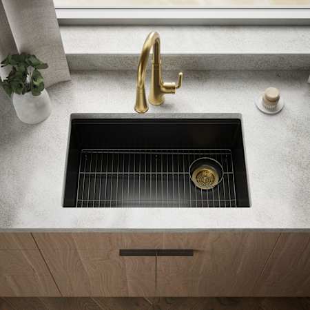 Kohler Billings 29-1/2" Undermount Single Basin Stone Composite Kitchen Sink with Basin Rack Matte Black