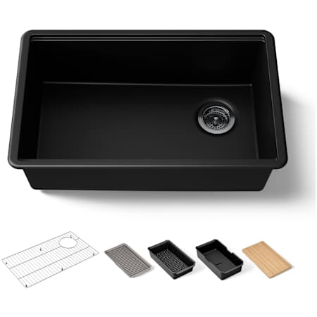 Kohler Billings 29-1/2" Undermount Single Basin Stone Composite Kitchen Sink with Basin Rack, Colander, Cutting Board and Drain Board Matte Black