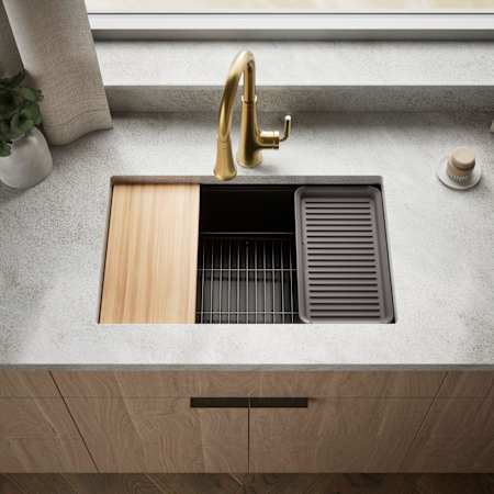 Kohler Billings 29-1/2" Undermount Single Basin Stone Composite Kitchen Sink with Basin Rack, Colander, Cutting Board and Drain Board Matte Black