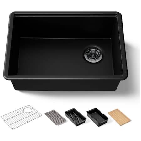 Kohler Billings 26-1/2" Undermount Single Basin Stone Composite Kitchen Sink with Basin Rack, Colander, Cutting Board and Drain Board Matte Black