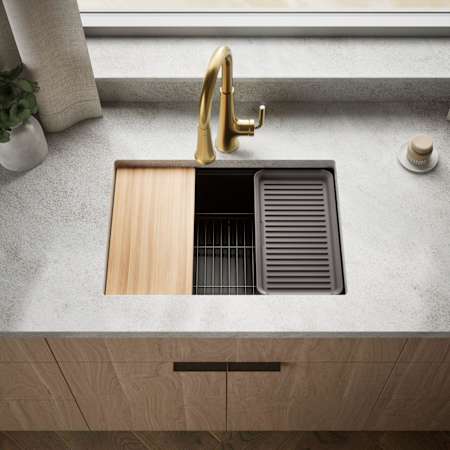 Kohler Billings 26-1/2" Undermount Single Basin Stone Composite Kitchen Sink with Basin Rack, Colander, Cutting Board and Drain Board Matte Black