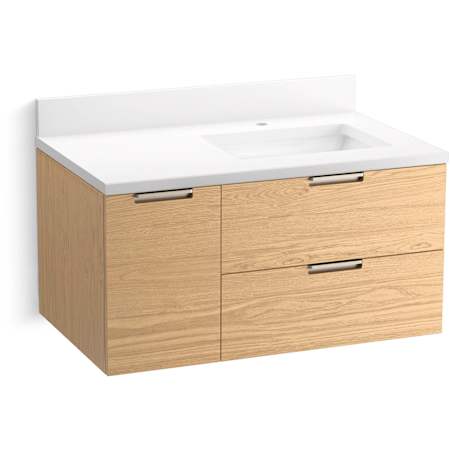 Kohler Maxstow 36" Wall Mounted Single Basin Vanity Set with Cabinet and Quartz Vanity Top Weathered Oak