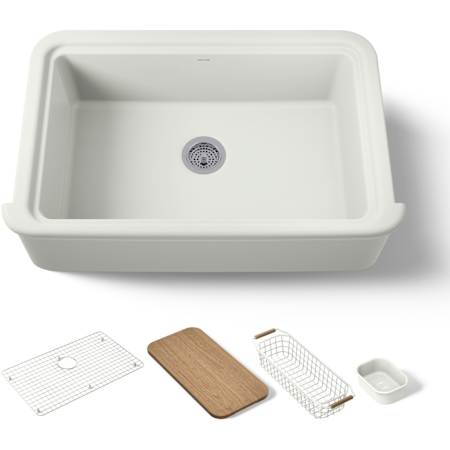 Kohler Audrine by Studio McGee 35-1/2" Farmhouse Workstation Single Basin Fireclay Kitchen Sink with Basin Rack, Colander and Cutting Board Dune