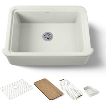 Kohler Audrine by Studio McGee 32-1/2" Farmhouse Workstation Single Basin Fireclay Kitchen Sink with Basin Rack, Colander and Cutting Board Dune