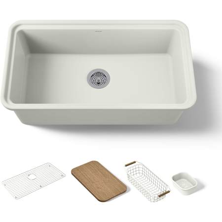 Kohler Audrine by Studio McGee 33" Undermount Workstation Single Basin Fireclay Kitchen Sink with Basin Rack, Colander and Cutting Board Dune