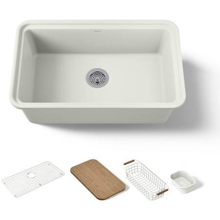 Kohler Audrine by Studio McGee 30" Undermount Workstation Single Basin Fireclay Kitchen Sink with Basin Rack, Colander and Cutting Board Dune