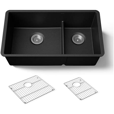 Kohler Billings 32-1/2" Undermount Double Basin Stone Composite Kitchen Sink with Basin Rack Matte Black