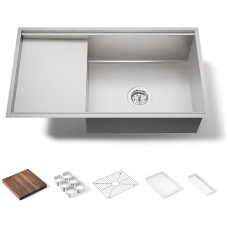 Kohler Stages 33" Single Basin Under-Mount 16-Gauge Stainless Steel Workstation Kitchen Sink with SilentShield - Includes Basin Rack, Cutting Board, and Drainboard Stainless Steel