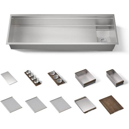 Kohler Synthos 57-3/4" Undermount Single Basin Stainless Steel Kitchen Sink with Basin Rack, Colander, Basket Strainer, and Cutting Board Stainless Steel