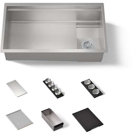 Kohler Synthos 33-3/4" Undermount Single Basin Stainless Steel Kitchen Sink with Basin Rack, Basket Strainer, Colander and Cutting Board Stainless Steel