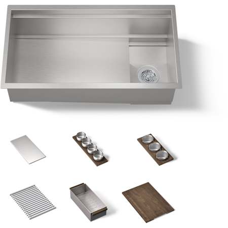 Kohler Synthos 33-3/4" Undermount Single Basin Stainless Steel Kitchen Sink with Basin Rack, Colander, Cutting Board, and Basket Strainer Stainless Steel